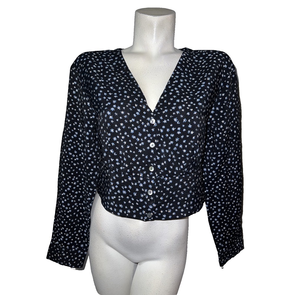 Madewell Womens Medium Black Blue Floral Cropped Button Front V-Neck Blouse M